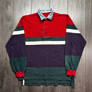Vintage 1990s Striped Collared Rugby Long Sleeve Shirt Large Cottage Preppy